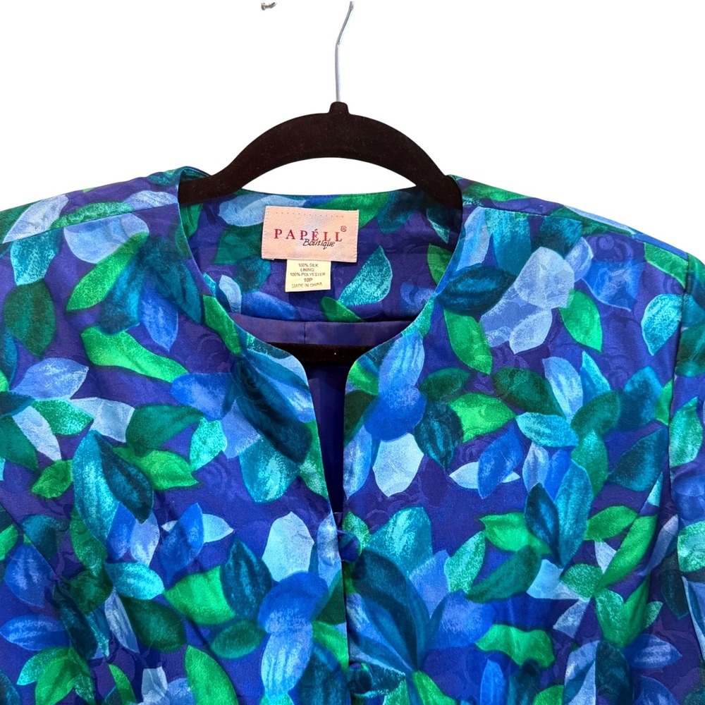 Papell Boutique Womens 10P Silk Blazer Blue Green Floral Leaf Print Jacket 10P - Picture 2 of 5